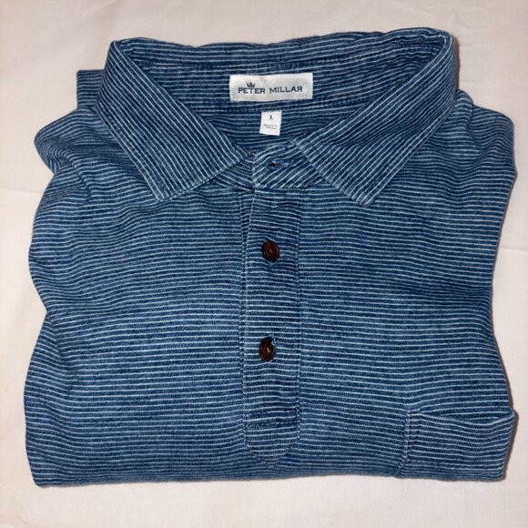 Peter Millar Solid Stretch Jersey Long Sleeve Polo Heathered Blue Knit Large - Picture 1 of 11